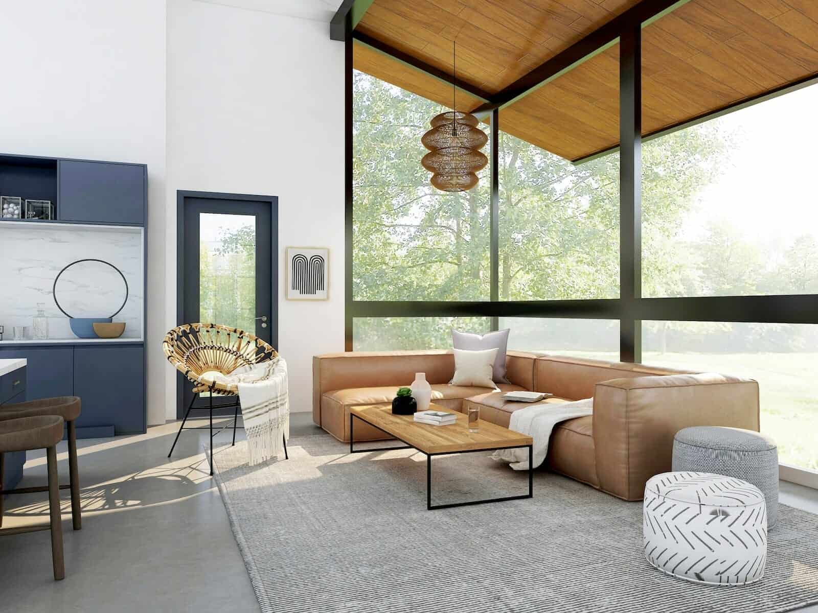 living room with brown sofa and glass window